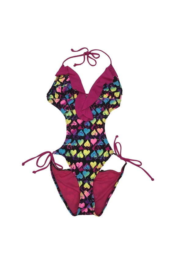 Juniors Womens Rainbow Heart Rufflle Monokini Swim Suit Swimming