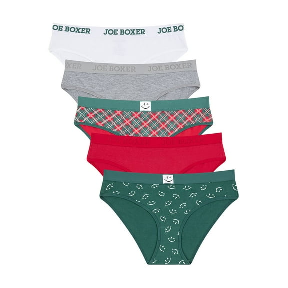 Joe Boxer Women's Cotton Holiday Giftable Bikini Panty Set, 5-pack, Sizes XS to 3X
