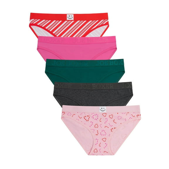 Joe Boxer Women's Cotton Holiday Giftable Bikini Panty Set, 5-pack, Sizes XS to 3X