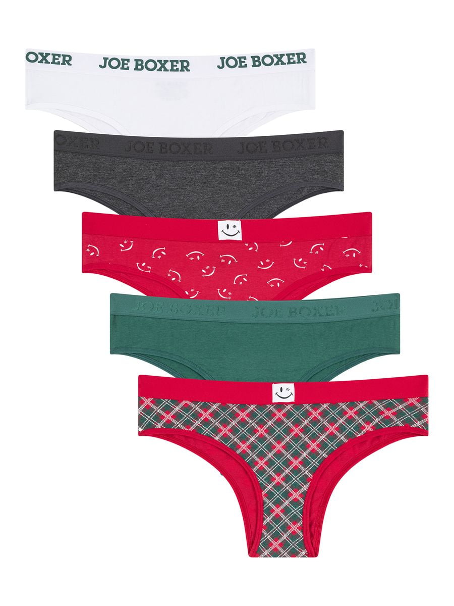 Joe Boxer Women's Cotton Holiday Giftable Cheeky Tanga Panty Set, 5-pack, Sizes XS to 3X