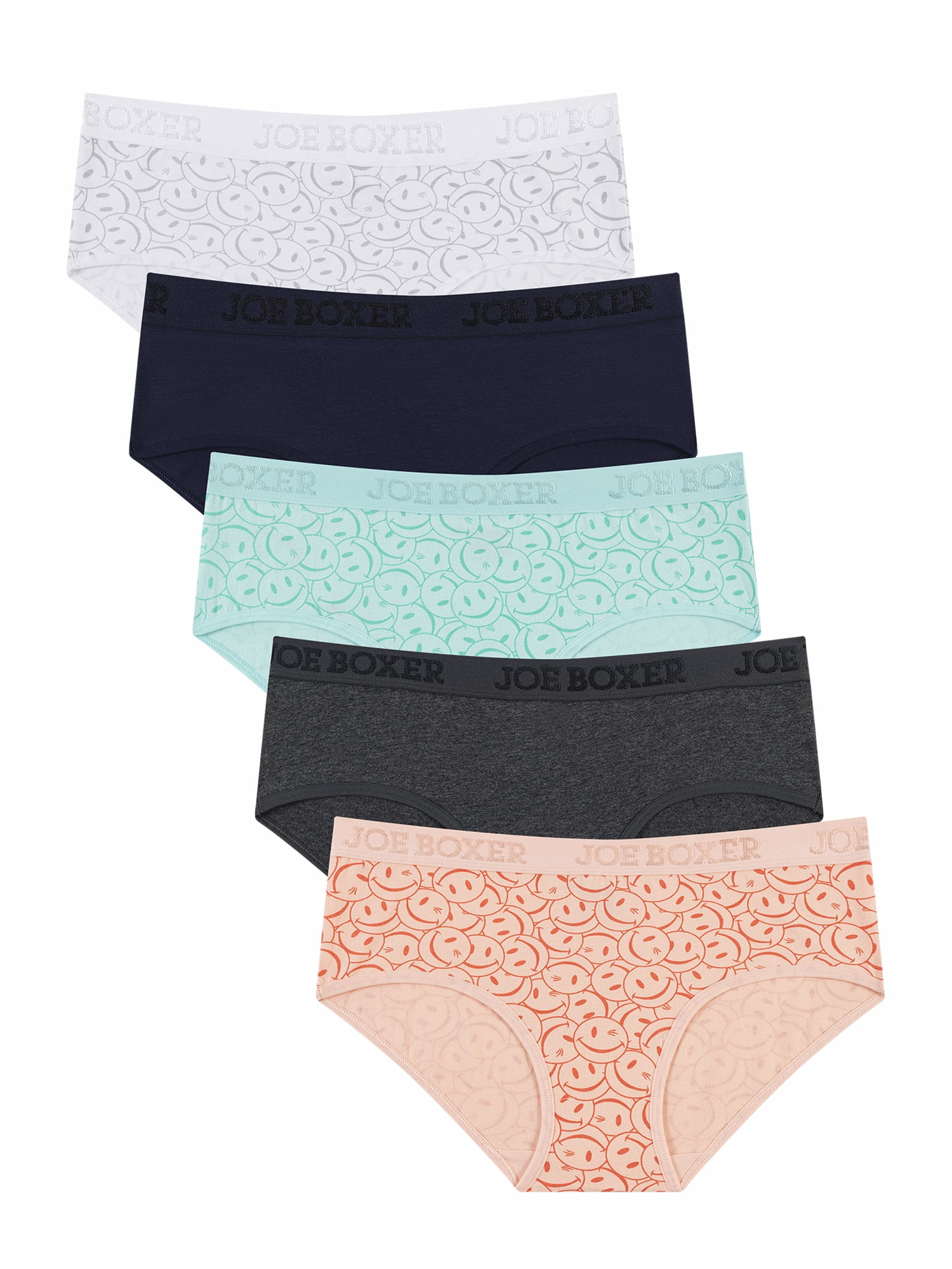 Joe Boxer Women's Cotton Spandex Hipster Panty Underwear with Iconic Smiley Face Logo Print, 5-pack, Sizes S- XXXL