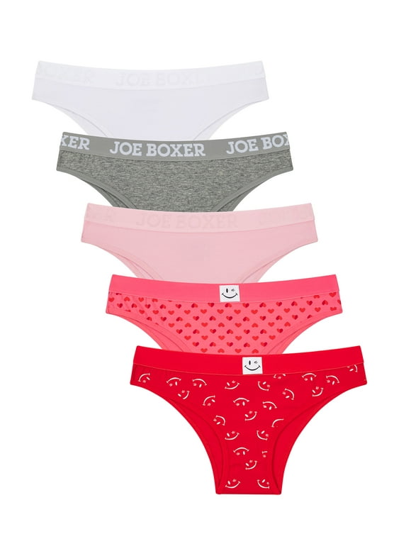 Joe Boxer Women's Cotton Valentine's Day Giftable Tanga Panty Set with Makeup Bag, 5-Pack, Sizes XS to 3X