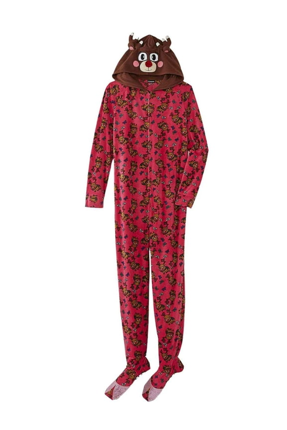 Womens Pink Fleece Reindeer Footie Pajama Hooded Blanket Sleeper Med