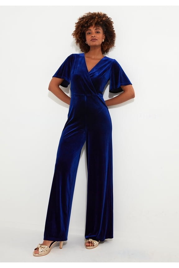 Women's Plus Size Flutter Sleeve Velvet Jumpsuit