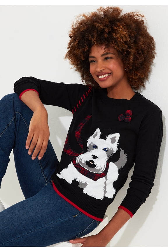 Women's Plus Size Puppy In Plaid Pullover Novelty Sweater
