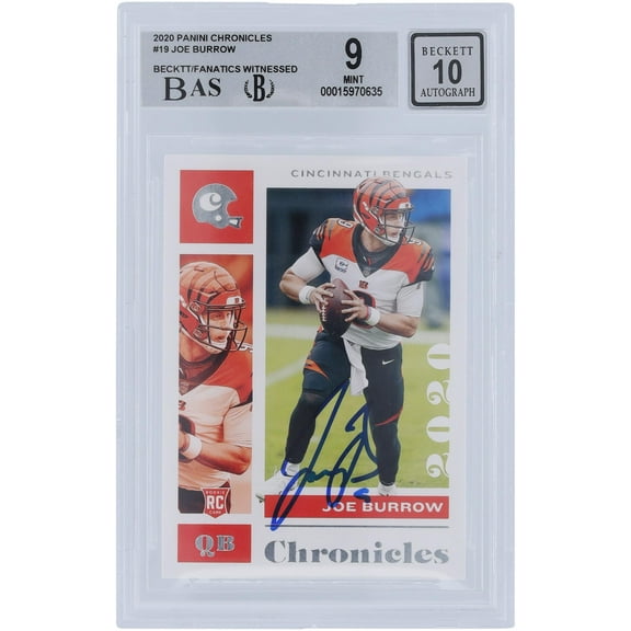 Joe Burrow Cincinnati Bengals Autographed 2020 Panini Chronicles #19 Beckett Fanatics Witnessed Authenticated 9/10 Rookie Card - 8.5,9,9,9.5 Subgrades - Fanatics Authentic Certified