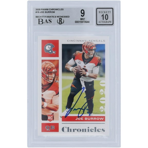 Joe Burrow Cincinnati Bengals Autographed 2020 Panini Chronicles #19 Beckett Fanatics Witnessed Authenticated 9/10 Rookie Card - 9,8.5,9,9.5 Subgrades - Fanatics Authentic Certified
