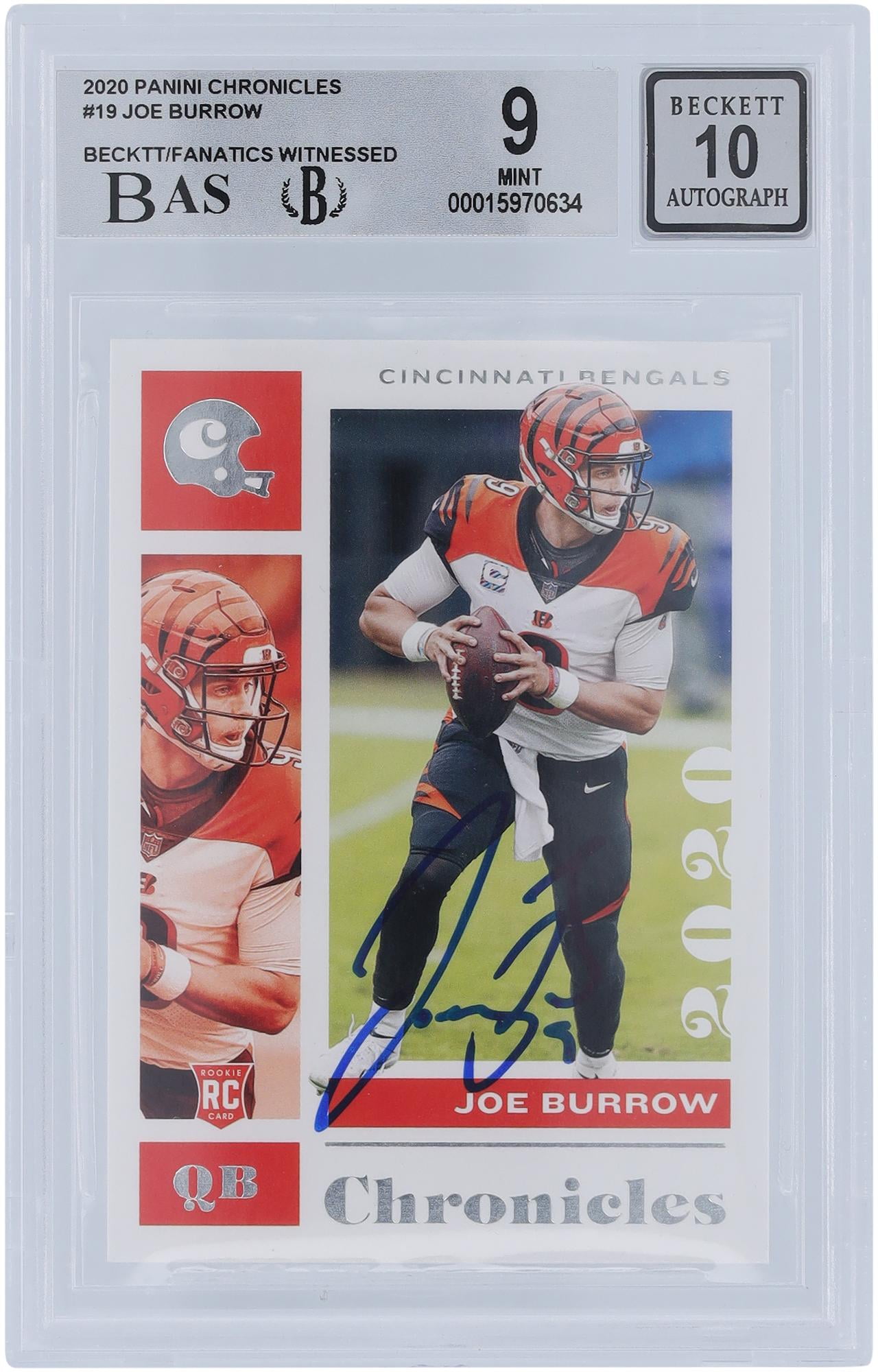 Joe Burrow Cincinnati Bengals Autographed 2020 Panini Chronicles #19 Beckett Fanatics Witnessed Authenticated 9/10 Rookie Card - 9,9,9,9.5 Subgrades - Fanatics Authentic Certified