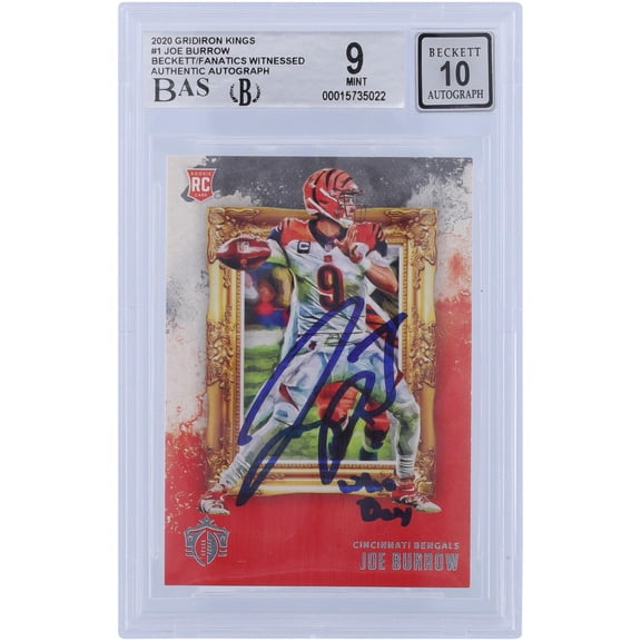 Joe Burrow Cincinnati Bengals Autographed 2020 Panini Gridiron Kings #GK-1 Beckett Fanatics Witnessed Authenticated 9/10 Rookie Card with "WHO DEY" Inscription - Fanatics Authentic Certified