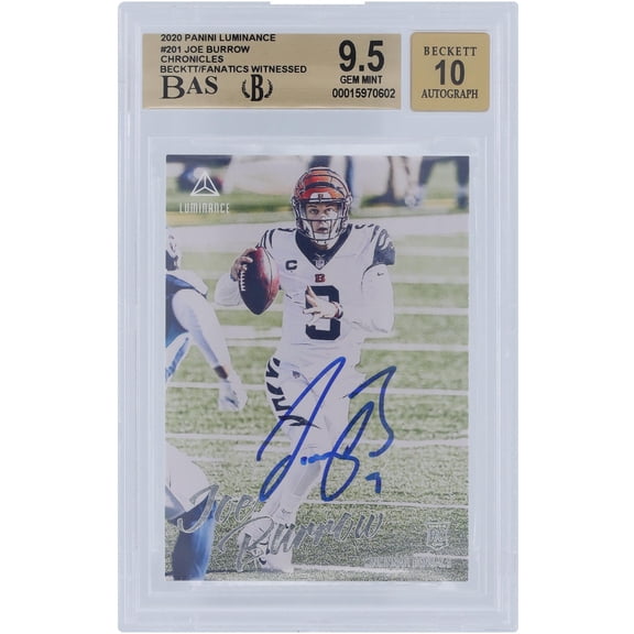 Joe Burrow Cincinnati Bengals Autographed 2020 Panini Luminance #201 Beckett Fanatics Witnessed Authenticated 9.5/10 Rookie Card - 9.5,9.5,9.5,10 Subgrades - Fanatics Authentic Certified