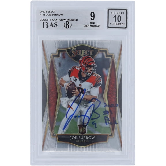 Joe Burrow Cincinnati Bengals Autographed 2020 Panini Select #146 Beckett Fanatics Witnessed Authenticated 9/10 Rookie Card with "2020 #1 Pick" Inscription - 9.5,8.5,9.5,9 Subgrades - Fanatics