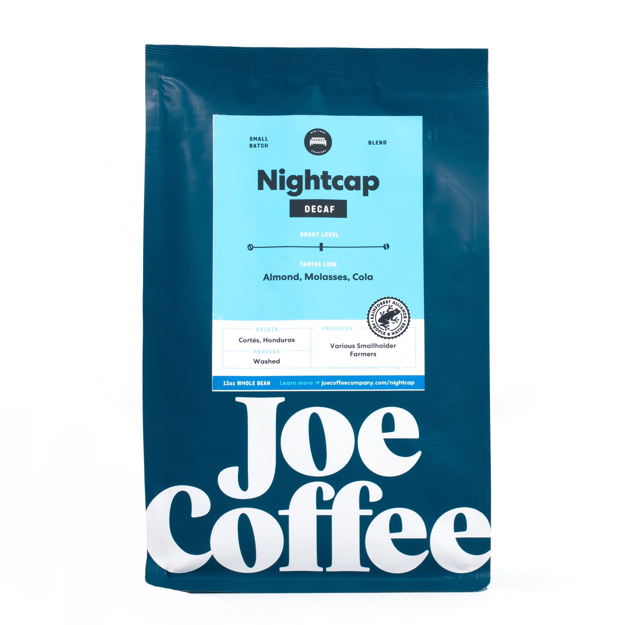 Joe Coffee Company - Nightcap Decaffeinated Whole Bean Specialty Coffee, 12 oz Bag | NYC Roaster, Rainforest Alliance Certified, Kosher, Climate-Friendly