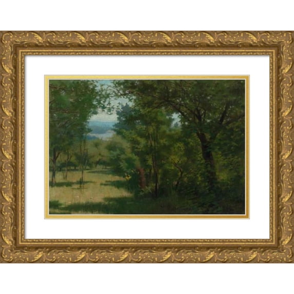 Joe Evans 18x14 Gold Ornate Wood Frame and Double Matted Museum Art Print Titled - Forest Opening with Lake in the Distance (1884)