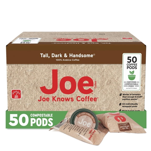 Joe Knows Coffee Tall Dark & Handsome Compostable Dark Roast Coffee Pods, 50 Count VT1