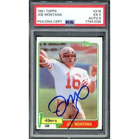 Joe Montana Autographed 1981 Topps Rookie Card #216 San Francisco 49ers PSA 5 Auto Grade Mint 9 PSA/DNA #77941038
