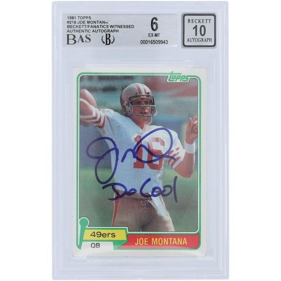 Joe Montana San Francisco 49ers Autographed 1981 Topps #216 Beckett Fanatics Witnessed Authenticated 6/10 Rookie Card with "Joe Cool" Inscription - Fanatics Authentic Certified