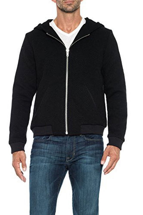 Abner Zip Hoodie Tweed Wool Blend Jacket Coat, Jet Black (Small)