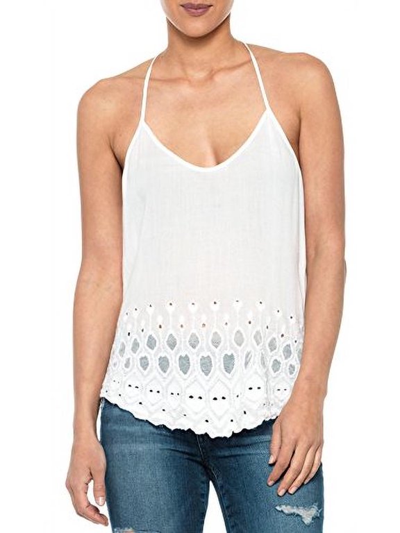 Embroidered Cami Racerback Tank Top, White (Medium)