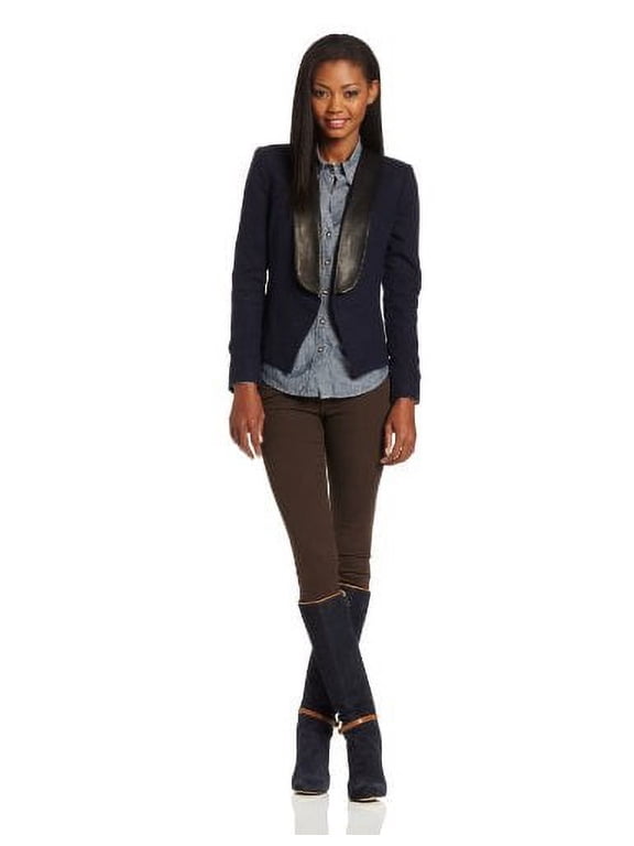 Women's Leather Lapel Jacket, Navy, X-Small
