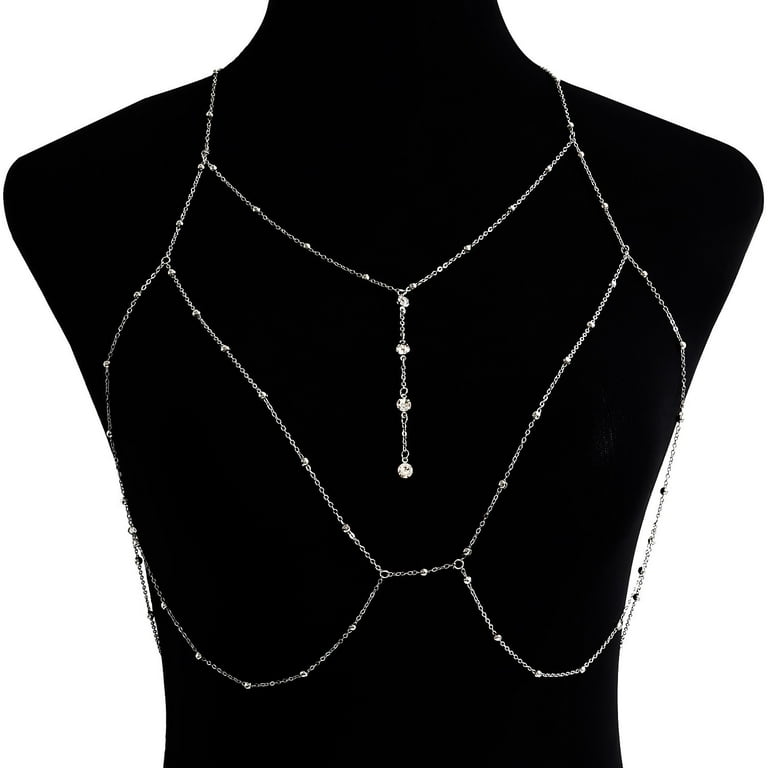 Joefnel Exquisite Rhinestone Silver Chain Bra with Layered Body Jewelry -  Stunning Crystal Waist Chain and Beaded Body Accessory for Women - Elegant  and Seductive Body Chain Jewelry 