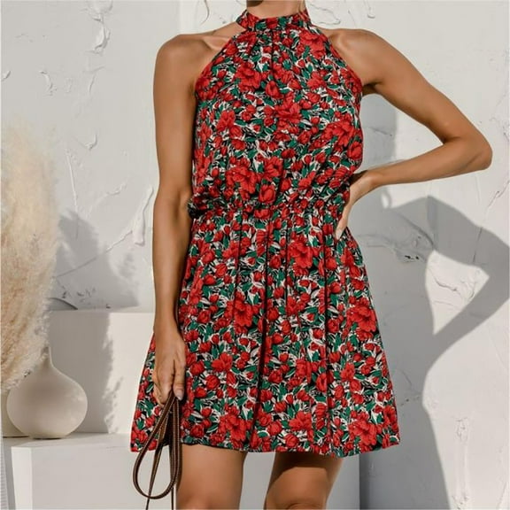 Joefnel Womens Halter Dresses Summer Boho Floral Sundress 2023 Casual Sleeveless Beach Short Dress