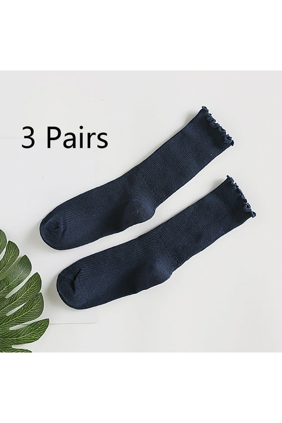 Joefnel Womens Socks. Ruffle Turn-Cuff Casual Ankle Socks Breathable Cool Knit Cotton Lettuce Crew Frilly Sock 3 Pack,Navy Blue,3 pairs