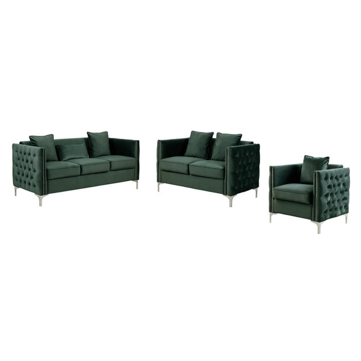 Joel Green Velvet 3 Piece Sofa, Loveseat, and Armchair Set