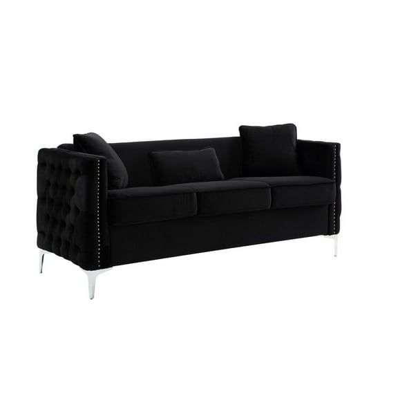 Joel 73 Inch Modern Sofa with 3 Pillows, Tufted Black Velvet, Silver Legs- Saltoro Sherpi