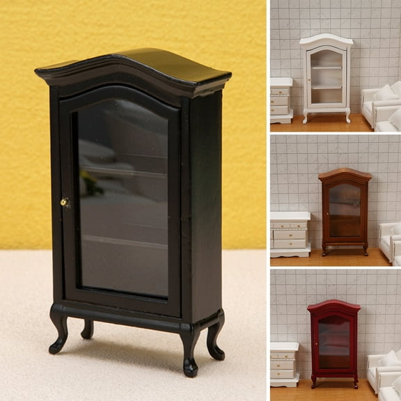 Joernso 1:12 3 Layers Solid Legs Mini Bookcase with Glass Door Miniature Doll House Cabinet Model Dollhouse Accessories