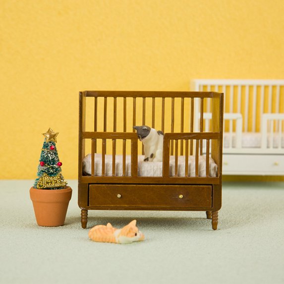 Joernso 1/12 Dollhouse Bed Furniture Accessories Mini Wooden Bedroom with Drawer Realistic Compact Dollhouse Bed Decoration Ornament