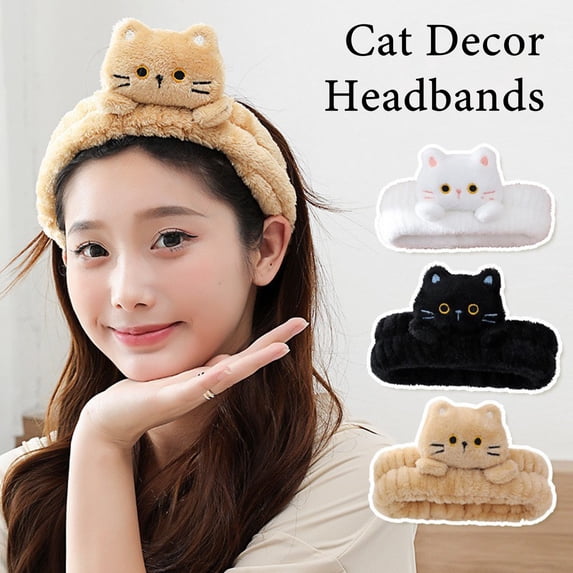 Joernso 1/3Pcs Cartoon Cat Decor Headbands Coral Fleece Elastic Makeup Face Wash Hair Band Women Spa Headband