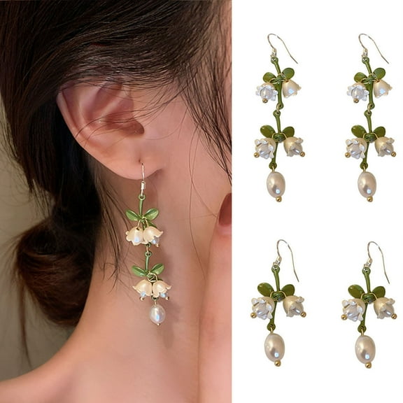 Joernso 1 Pair Drop Earrings Piercing Exquisite Bright Color Green Leaves Faux Pearls Hook Earrings Jewelry Gift