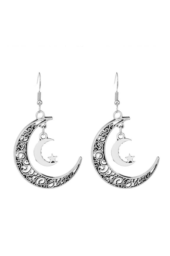 1 Pair Retro Star Moon Hook Earrings Female Double Moon Hollow Design Drop Earrings Ethnic Style Jewelry Accessories