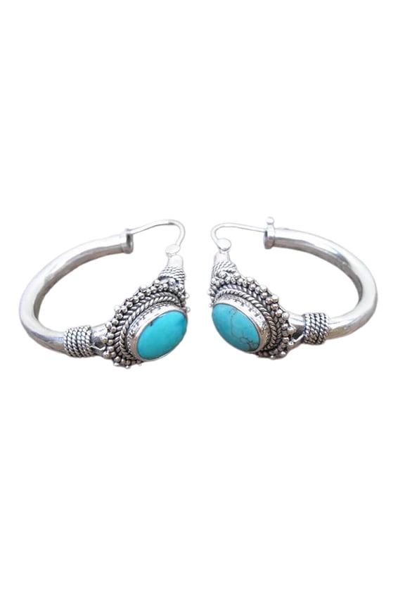 1 Pair Unique Carved Oval Piercing Hoop Earrings Blue Turquoise Bohemia Retro Earrings Jewelry Accessories