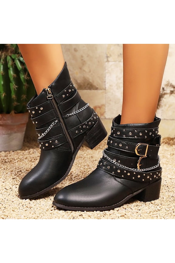 1 Pair Vinatge Women Ankle Boots Faux Leather Retro Gothic Cowboy Style Thick Sole Buckle Chain Strap Decor Round Toe Low Heels Boots for Country Concerts Stagecoach Music Festivals