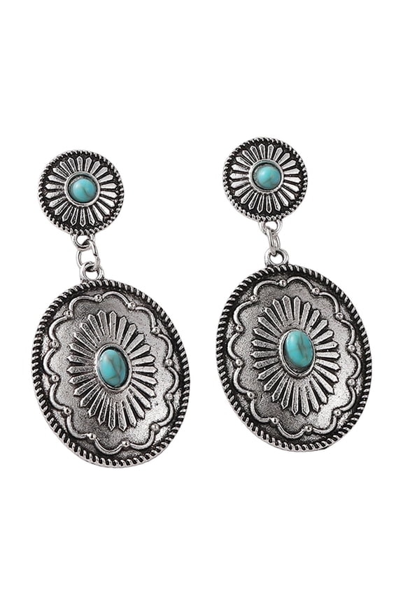 1 Pair Women Dangle Earrings Ethnic Round Shape Retro Bohemian Style Faux Turquoise Stainless Alloy Ear Decoration Jewelry Long Hanging Earrings