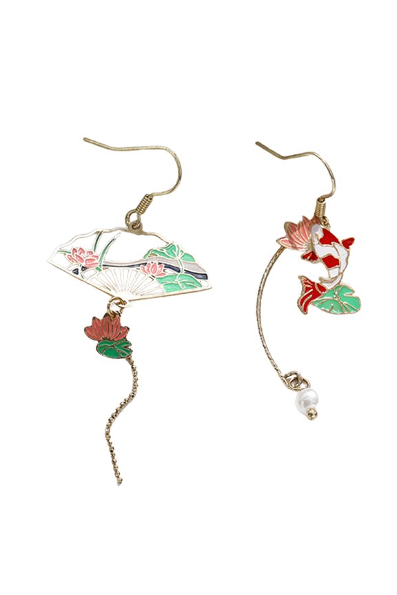 1 Pair Women Earrings Fan Crane Asymmetry Jewelry Animal Pendant Faux Pearl Painted Hook Earrings for Dating