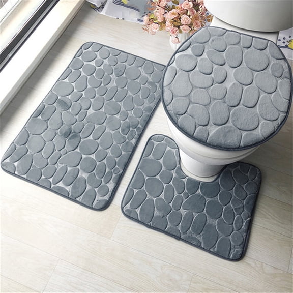 Joernso 1 Set Cobblestone Pattern Toilet Lid Cover Super Soft Polyester Foldable Anti-skid Bath Mat for Home