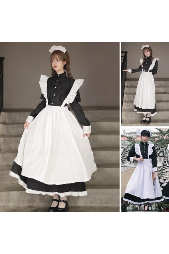 1 Set Maid Cosplay Dress Set Includes Apron Headband Bow And Socks Unisex A-Line Calf-Length Contrast Color Ruffle Dress Parties Photography Servant Role Play Costume
