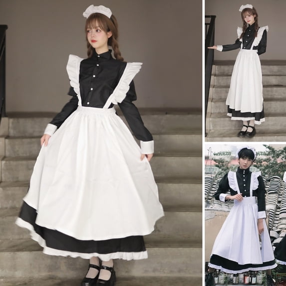 Joernso 1 Set Maid Cosplay Dress Set Includes Apron Headband Bow And Socks Unisex A-Line Calf-Length Contrast Color Ruffle Dress Parties Photography Servant Role Play Costume