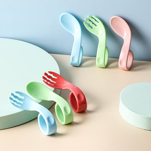 Joernso 1 Set Offset Spoon Food Grade Adorable Appearance Adaptive Eating Aid Right Hand Learn Eat Baby Fork Spoon Set for Family