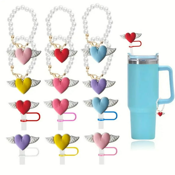 Joernso 1 Set Tumbler Straw Cover Faux Pearl Chain Love Heart Wing Charm Water Cup Mug Handle Decoration Straw Tip Plug Topper Protector Tumbler Accessories