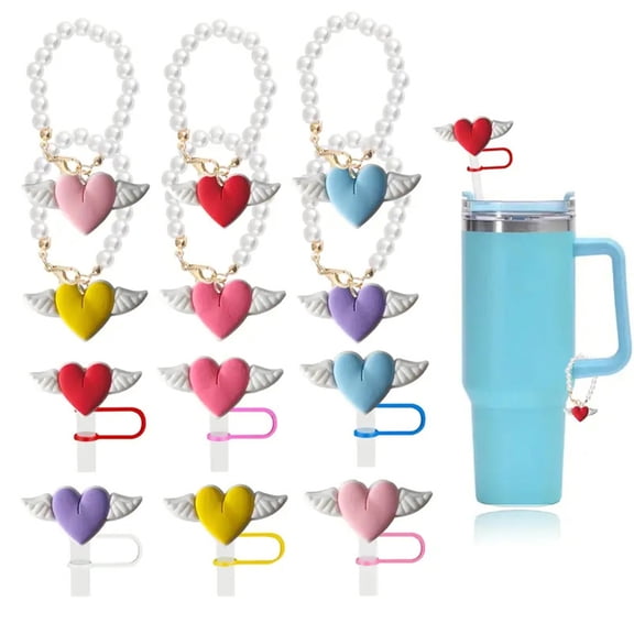 Joernso 1 Set Tumbler Straw Cover Faux Pearl Chain Love Heart Wing Charm Water Cup Mug Handle Decoration Straw Tip Plug Topper Protector Tumbler Accessories