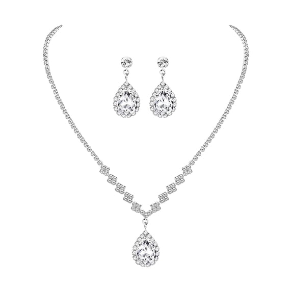 Joernso 1 Set Women Jewelry Set Rhinestone Necklace Earrings Prom Wedding Party Bride Water Drop Dangle Earrings Formal Occasions Neck Jewelry