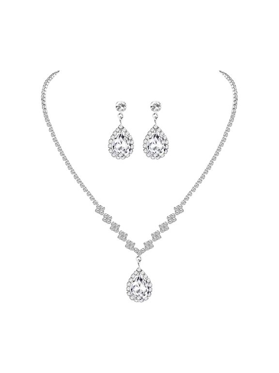 1 Set Women Jewelry Set Rhinestone Necklace Earrings Prom Wedding Party Bride Water Drop Dangle Earrings Formal Occasions Neck Jewelry
