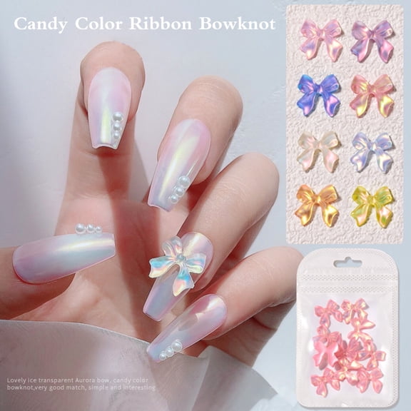 Joernso 10Pcs/Set Aurora Effect Nail Bowknot Ornament Ice Penetration Ribbon 3D Bowknot Manicure Glitter Decoration for Female