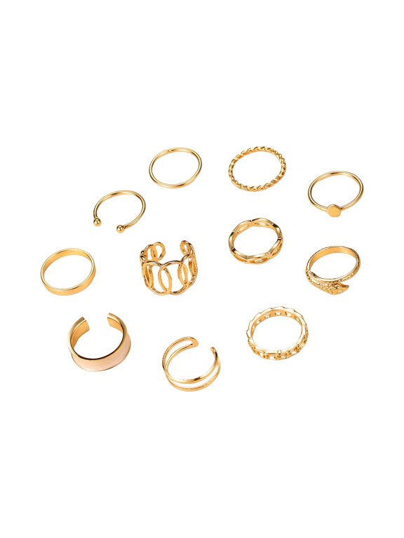 11 Pcs/Set Women Ring Set Hollow Out Multi Shapes Twisted Polished Smooth Alloy Adjustable Open Ring Commute Stackable Knuckle Ring Finger Jewelry