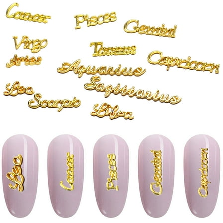 Joernso 12Pcs/Set Constellation Style Nail Art Charm DIY 3D Effect Metal Letters Shape Rhinestone Tips Decoration for Manicure