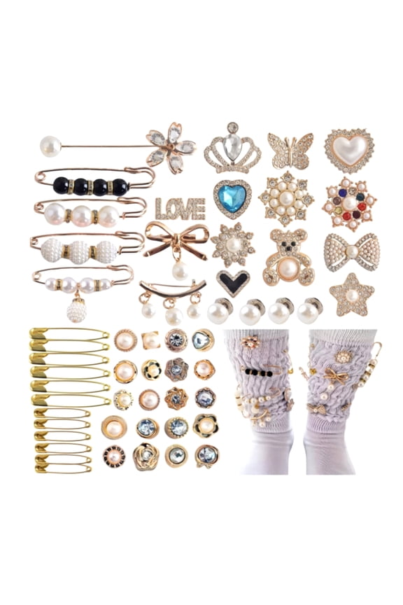 14/24/55/58/80Pcs Junk Socks Charms Kit Multi Shapes Faux Peral Decor Brooches And Safety Pins Rhinestone Socks DIY Accessories