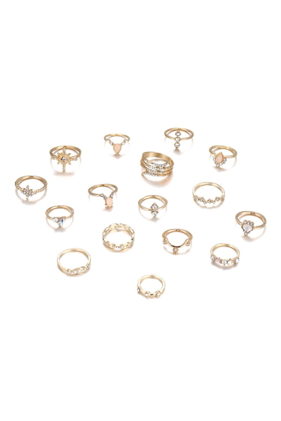 16Pcs/Set Bohemia Style Women Finger Ring Set Geometric Shape Shining Faux Gem Rhinestones Inlaid Knuckle Rings Jewelry Gift